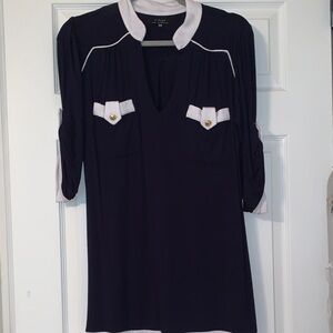 T-Bags Navy dresswith White Trim and Gold Buttons, XS, viscose blend
